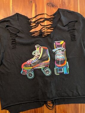 Black Distressed Crop Top with Neon Roller Skate Graphic Perfect For The Rink